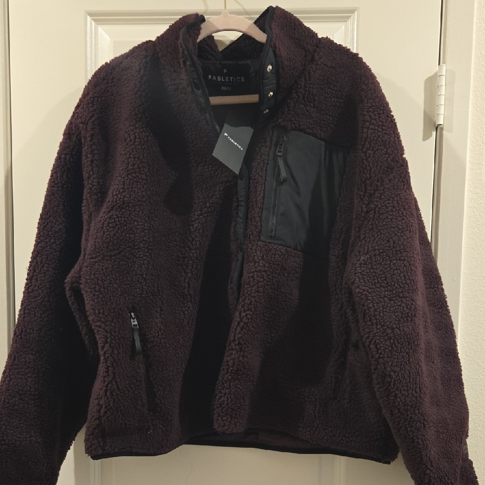 Fabletics Deep Burgundy Sherpa Teddy Jacket with Black Trim, XXL, New